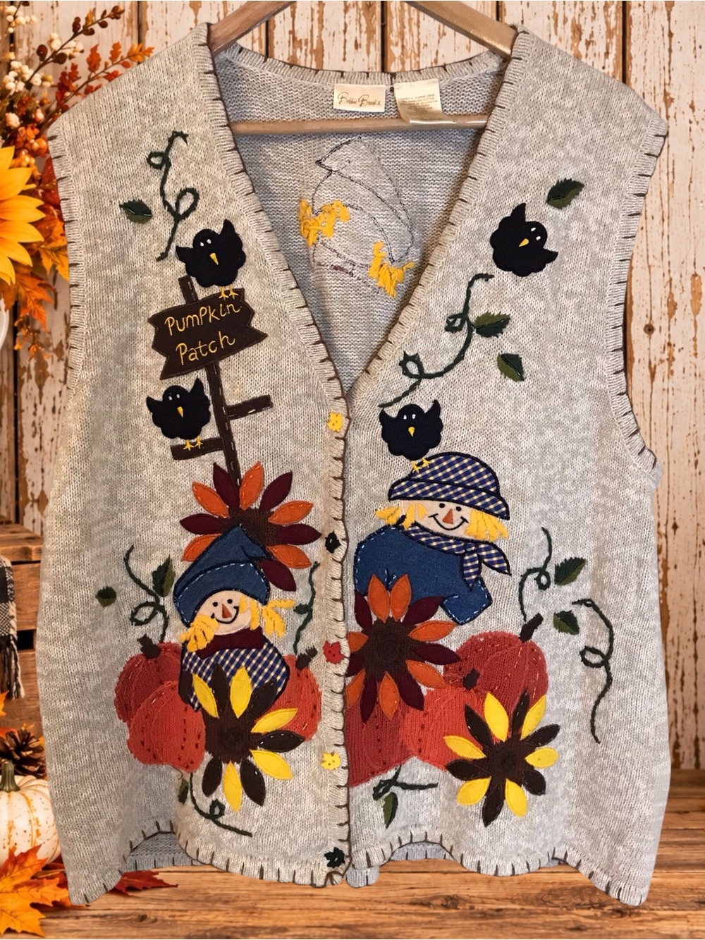 Vintage Bobbie Brooks XL Fall Pumpkin Patch Scarecrow Applique Sweater Vest
